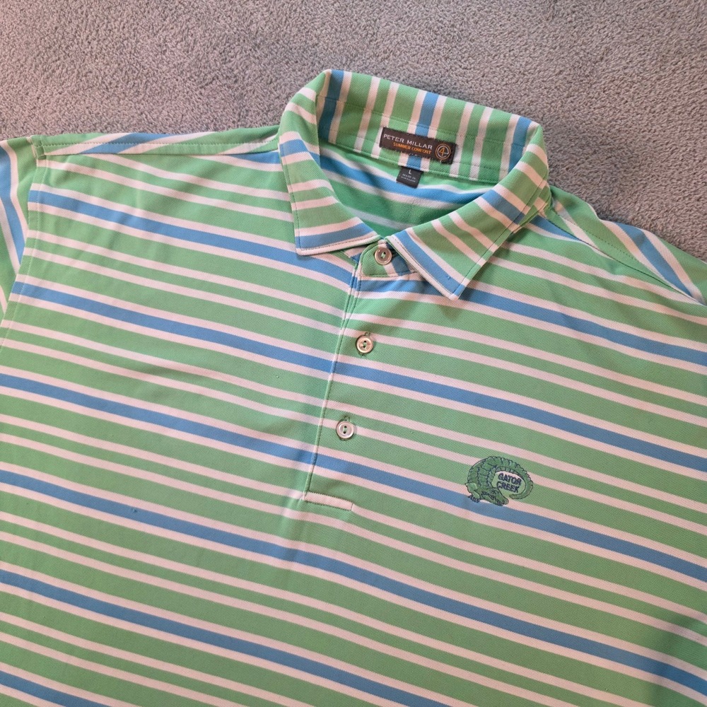 Peter Millar Summer Comfort Polo Shirt Mens Large Green Blue Stripe Gator Creek*